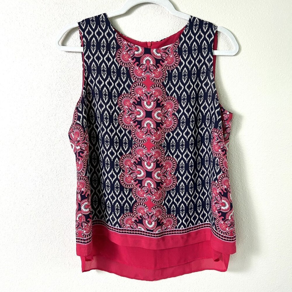 Rose + Olive Top Womens Size M Pink Black‎ Paisley Geometric Sleeveless Blouse